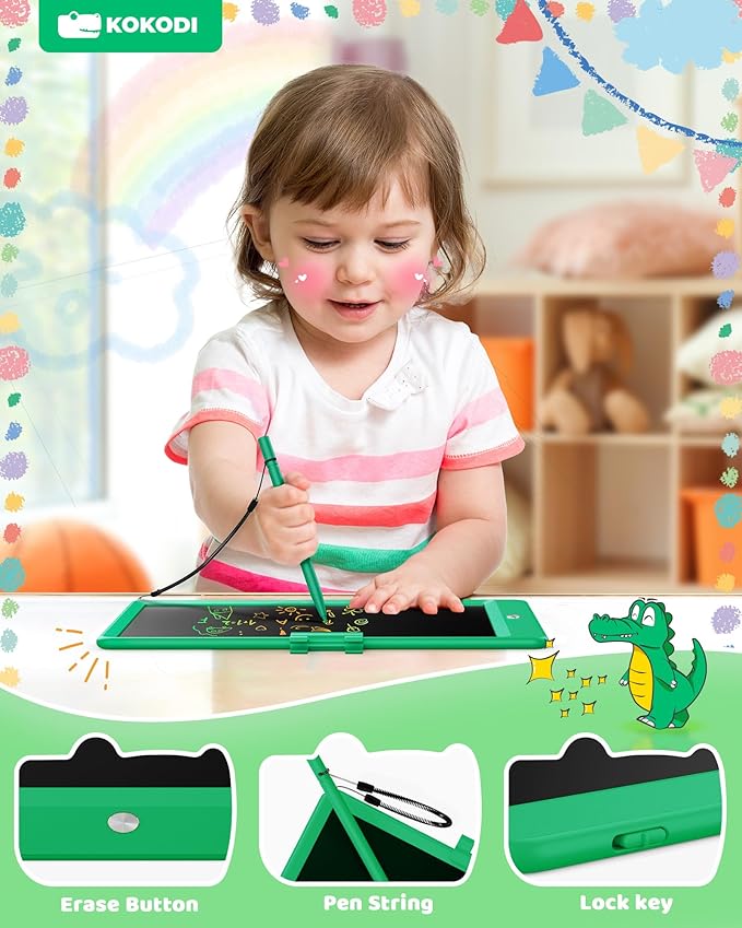 KOKODI LCD Writing Tablet, 10 Inch Colorful Toddler Doodle Board Drawing Tablet, Erasable Reusable Electronic Drawing Pads, Educational and Learning Toy for 3-6 Years Old Boy and Girls(Green)