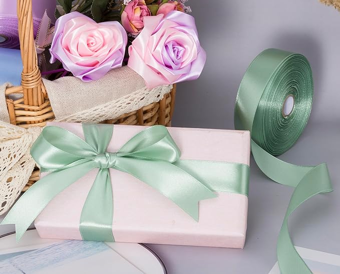 1 Inch Sage Green Solid Satin Ribbon, 50 Yards Craft Fabric Ribbon for Gift Wrapping Floral Bouquets Wedding Party Decoration