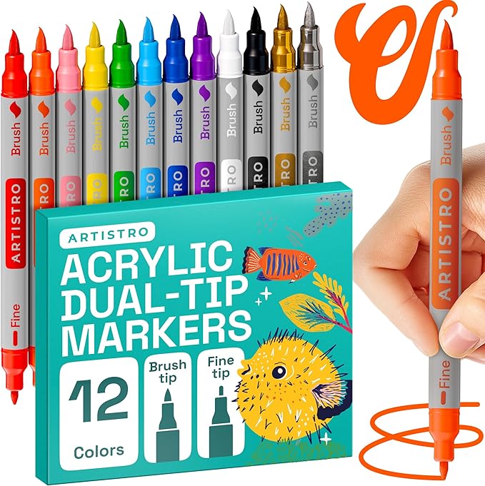 ARTISTRO 12 Dual Tip Brush + Fine Acrylic Paint Markers - Easy for All Ages & Levels Paint Pens for Fabric, Rock, Glass, DIY - Halloween Pumpkin Painting Kit, Art Supplies, Christmas Gift