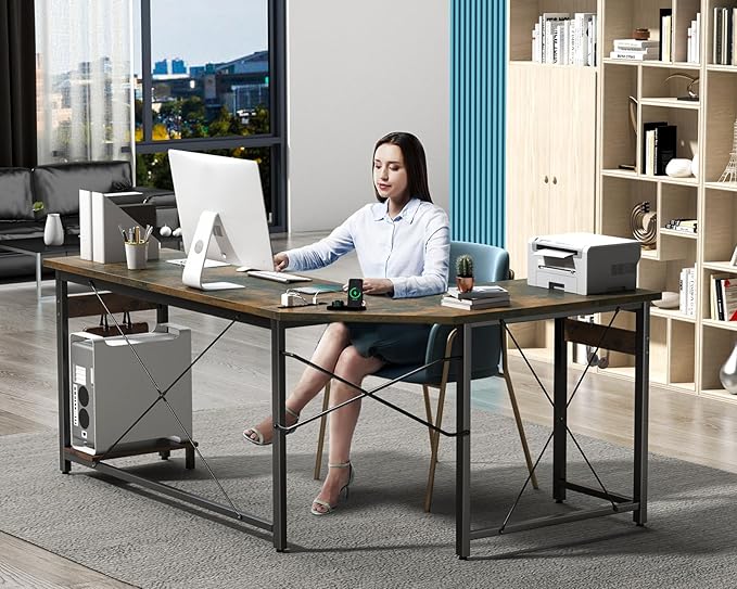 Coleshome 66" L Shaped Gaming Desk with Outlet, L Shaped Desk with CPU Stand, Corner Computer Desk, Home Office Desk, Writing Desk, Vintage