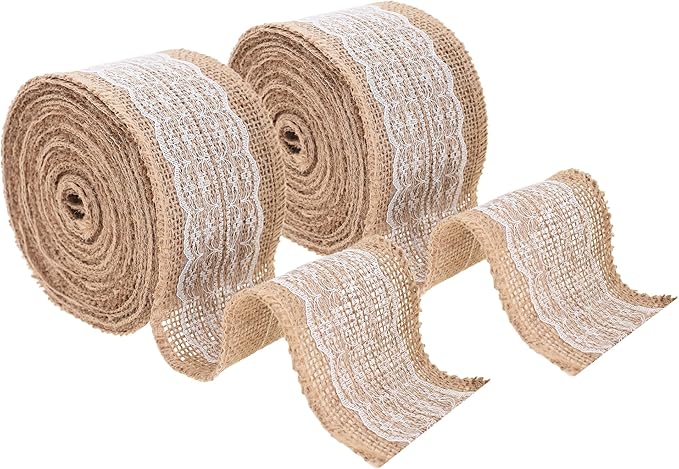 Mandala Crafts Burlap and Lace Ribbon 2 Inches Wide Jute Ribbons for Crafts - 20 Yds Roll Rustic Burlap Wrap Trim Ribbons for Wreaths Bows Wedding Party