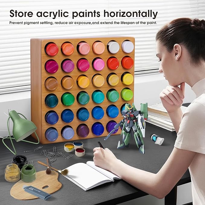 Bamboo Craft Paint Storage Organizer,36-Hole Vertical Paint Rack Stand for 2oz Craft & Acrylic Paints,Stackable Modular Storage Solution for Home, Classroom, and Office