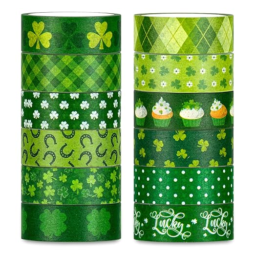 Whaline 12 Rolls St. Patrick's Day Washi Tape Green Shamrock Washi Masking Tape 15mm Clover Plaids Lucky Holiday Paper Tape Sticker for Irish Party Scrapbook Gift Packing DIY Craft Decor, 16.4Ft
