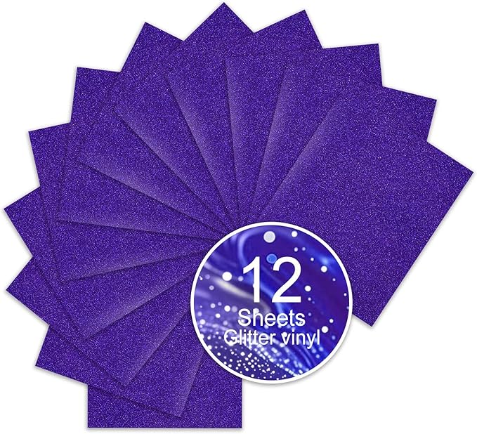 Blue Purple Glitter HTV Sparkly Heat Transfer Vinyl – 12 Pcs 12x10Inch Iron-On Vinyl Sheets for T‑Shirts & DIY Craft Gifts, Easy to Cut & Weed, No‑Flake & Washable, Work with All Cutter Machines