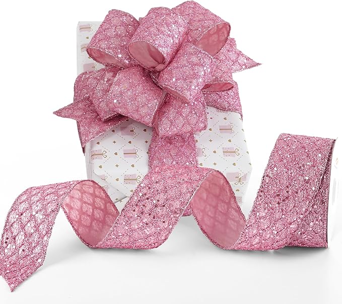 HUIHUANG Pink Glitter Wired Ribbon for Christmas Tree 2.5 inch Light Pink Diamond Mesh Wire Ribbon for Tree Decoration, Wreaths, Garland, Gift Wrapping, Bows Making, Home Decor -10 Yards