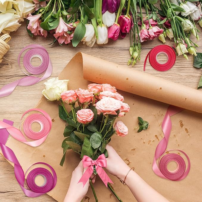1-1/2 Inch Pink Satin Ribbons for Crafts, 6 Rolls Single-Faced Pink Assorted Ribbons for Gift Wrapping Flower Bouquet Wedding Invitations Bridal Shower Hair Bows Garland Party Decor