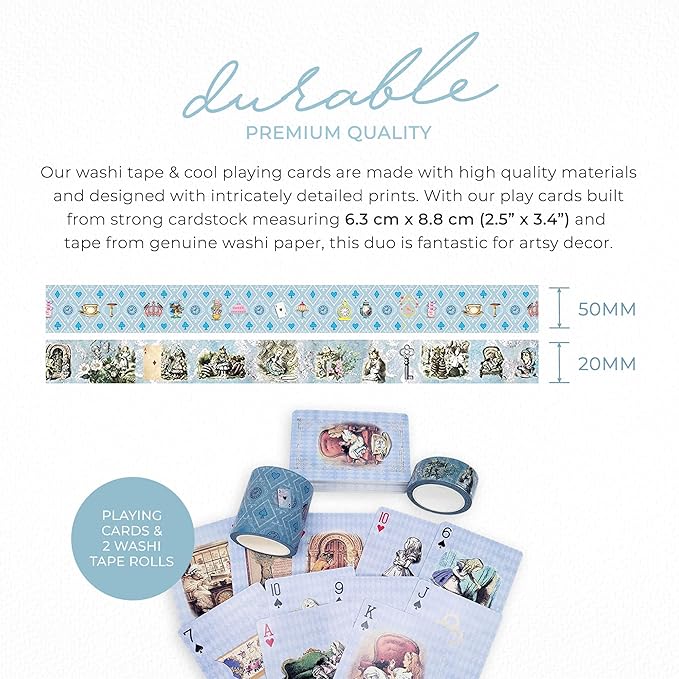 Blue Alice Adventures in Wonderland Playing Cards & Washi Tape Set - Stickers, Scrapbook Supplies, Crafts, Planner Accessories, Party Decor, Waterproof Card Games for Adults, Kids, Family & Travel