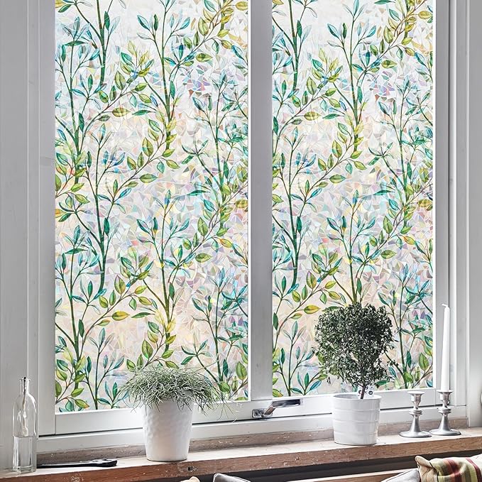 NINETREX Stained Glass Window Film 3D Decorative Cling, Sun Blocking Static Cling Removable Film for Glass Door, Home Decor Window Cover Non-Adhesive 29.5 x 157.4 inches, Leaf