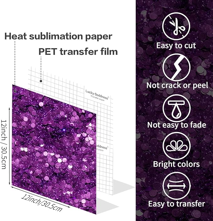 Sublimation Transfer Sheets for Tumblers Blanks Tshirts,Purple Glitter Sublimation Transfer Paper for Heat Press Machine,8pcs,12x12