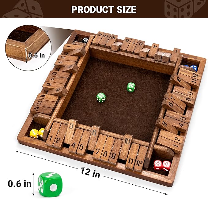 ropoda Shut The Box Game, Upgraded 12 Numbers Wooden Board Games for Adult and Kids, Shut The Box Dice Game -Addition Training, Fun for Family Game Night,Vintage Style