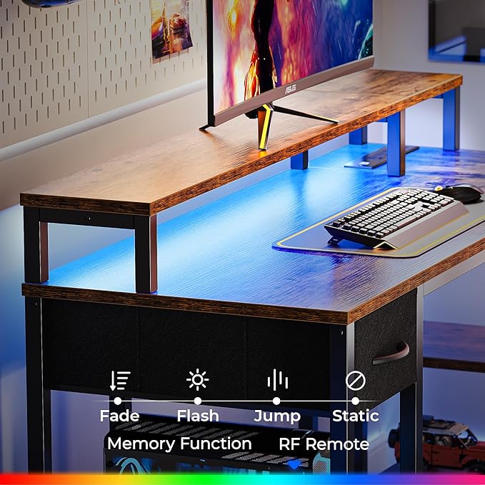 SUPERJARE 47 inch Reversible L Shaped Desk with LED Lights & Power Outlets, Computer Desk with Shelves & Monitor Stand, Gaming Desk with Drawer, Home Office Desk Corner Desk, Rustic Brown