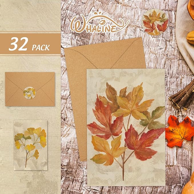Whaline 32 Pack Fall Greeting Cards Retro Autumn Leaves Note Cards with Envelopes Stickers for Thanksgiving Harvest Wedding Birthday Baby Shower