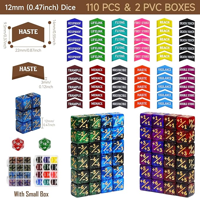 110PCS MTG Tokens & 12mm Life Counter Dice Set for Magic The Gathering with Box, Bulk Ability MTG Tokens D20 Loyalty 6 Sided Dice, Compatible with TCG CCG Magic Card Gaming Accessories