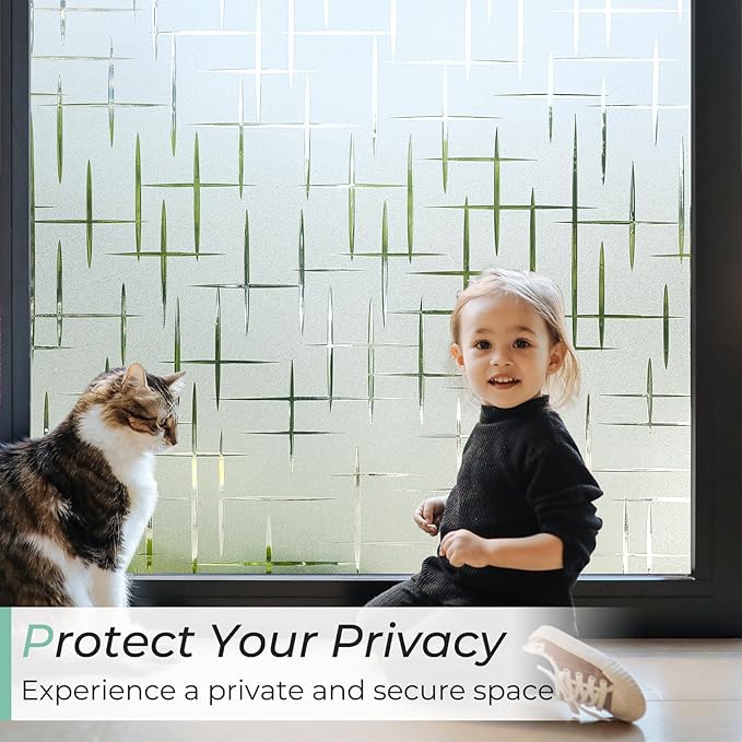 DOWELL Window Privacy Film Frosted Glass Window Film, Sun Blocking Non-Adhesive Glass Cling, Decorative Door Sticker, Self Static-Cling Tint Covering for Home Office, Cross Pattern 17.5" x 157.5"