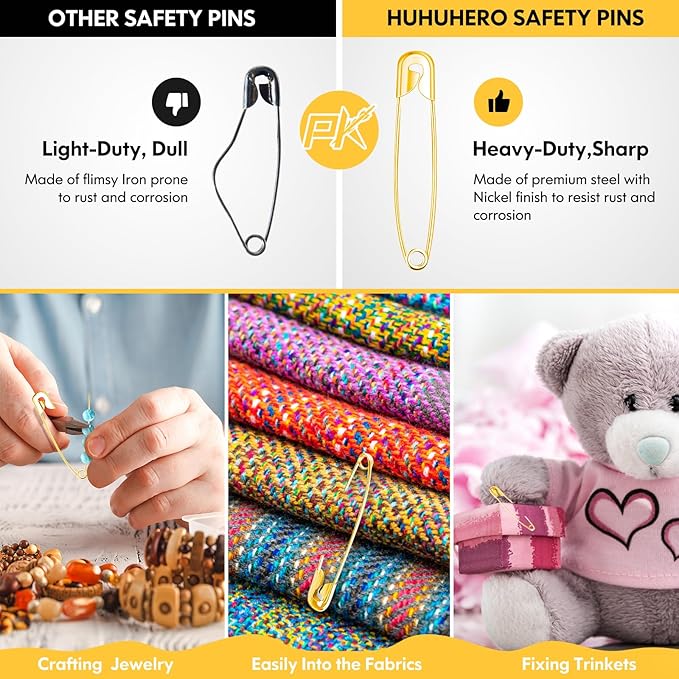 Huhuhero Safety Pins Assorted, 160-Pack 5 Different Sizes Small and Large Safety Pins for Clothes Fabric Costume, Nickel Plated Steel Pin Bulk, Sewing Arts Crafts Supplies, Gold