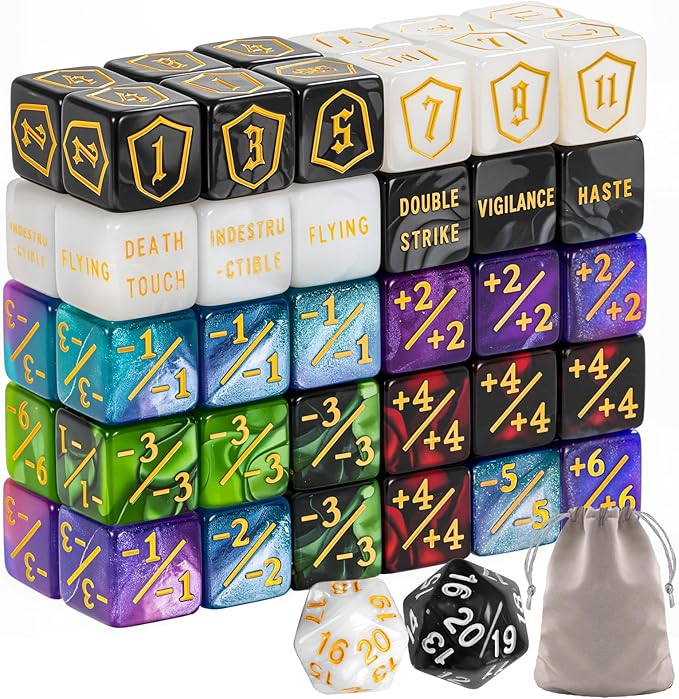 62 PCS MTG Dice Counters Set Keyword Tokens Abilities Life Counter 1/+1 counters Commander Buff Tokens Gold 6 Sided Dice Set for MTG, TCG, Card Games
