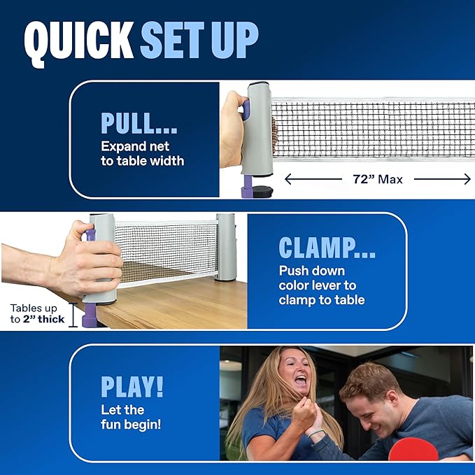 PRO SPIN All-in-One Ping Pong Set - Retractable Ping Pong Net for Any Table (72"), Ping Pong Paddles and Balls, Storage Case - Portable Table Tennis Family Games, Gifts for Boys & Girls