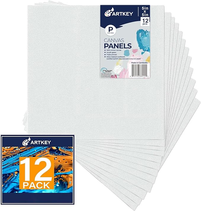 Artkey Canvas Boards 5x5 Inch 12-Pack, 10 oz Primed 100% Cotton White Blank Small Canvases for Painting, Square Flat Canvas Panels for Oil Acrylics Watercolor & Tempera Paints