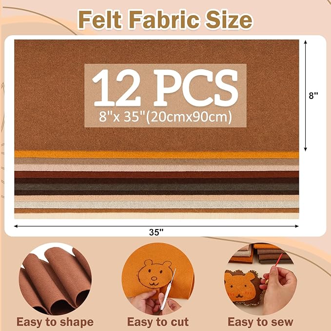 12 Rolls 8"x35"(20.5x90cm) 1.4mm Thick Soft Felt Fabric Sheet 12 Assorted Brown Tone Series Colors Felt Pack for DIY Craft Sewing Squares Nonwoven Patchwork