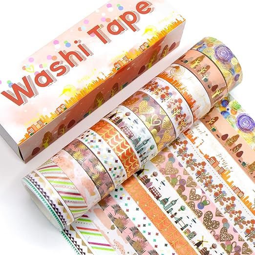MPOPUUL Gold Foil Washi Tape Set 12 Rolls - Blooming Masking Tape, Decorative Tape for Bullet Journals Supplies, Gift Wrapping, DIY Crafts, Scrapbooking, Planners
