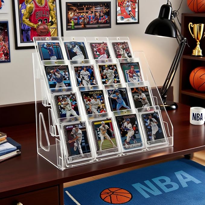Trading Card Display Stand, Vertical Holder for Baseball Basketball Sports Graded Card Display Stand Tabletop for PSA BGS SGC Slabs, Snap-On Assembly(4 Tier, 1 Pack)