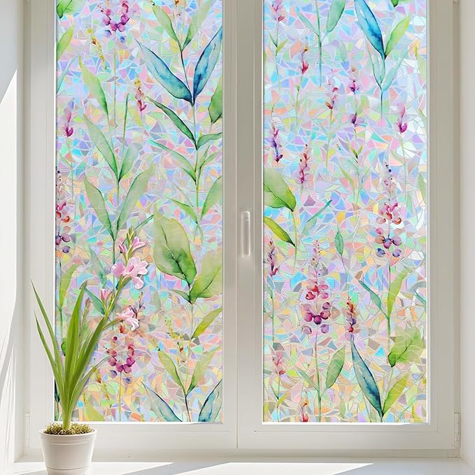 Donox Decorative Window Privacy Film, 3D Floral Stained Glass Window Film Static Cling Rainbow Privacy Sticker for Glass Door Heat Control Anti UV, No Adhesive (Gladiolus,23.6 x 78.7 inches)