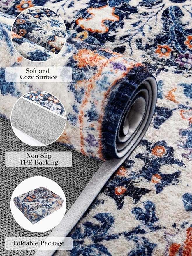Lahome Bohemian Floral Medallion Runner Rug - 2x4 Blue Soft Bathroom Rug Runner Entry Way Mat, Washable Non Skid Laundry Room Carpet Runners for Living Room Dining Room Kitchen Entrance
