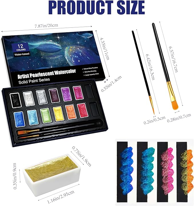 Shimmer Watercolor Paint Set, 12 Colors Glitter Metallic Watercolour Painting Sets, Solid Pearl Water Color Paints for Artists, Amateur Hobbyists and Painting (12 Colors)