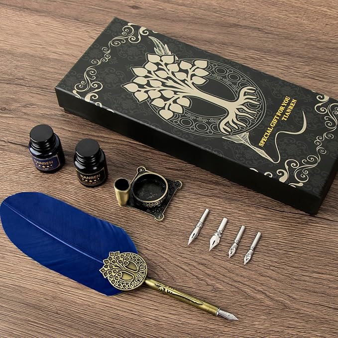 Quill pen ink set,Feather Pen and Ink Set,Antique Calligraphy Pen with 4 Replaceable Nibs,2 Bottle of ink,Feather Dip Pen Holder Christmas Gift for Men&Women.(Blue)