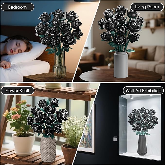 Black Roses Bouquet Building Set, 634Pcs Artificial Rose with 3 Blooming Stages, DIY Floral Home Office Decor for Adults & Kids Ages 6+, Gift for Birthday Valentine's Day Halloween Christmas