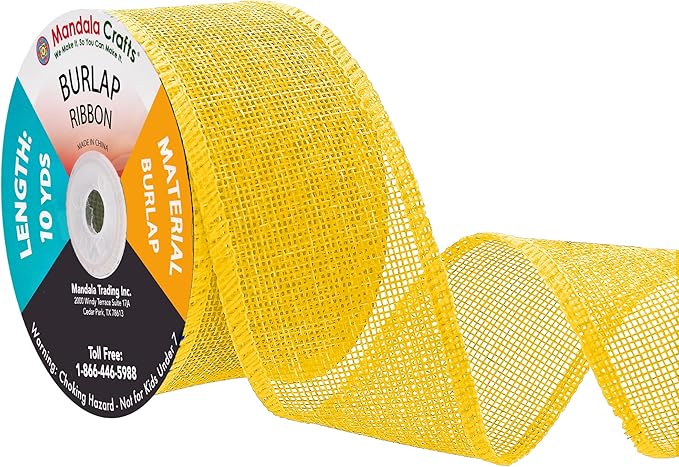Mandala Crafts Yellow Burlap Ribbon 2 Inches Wide Jute Ribbons for Crafts - 20 Yds Roll Rustic Burlap Wrap Trim Ribbons for Wreaths Bows Wedding Party Decoration