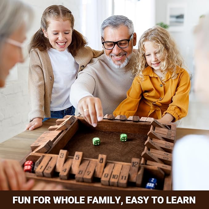 ropoda Shut The Box Game, Upgraded 12 Numbers Wooden Board Games for Adult and Kids, Shut The Box Dice Game -Addition Training, Fun for Family Game Night,Vintage Style
