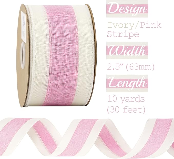 MEEDEE Pink White Stripe Wired Burlap Ribbon with Ivory Stripes Edge - 2.5 Inch, Light Pink (10 Yards) for Wreaths, Garland, Lantern, Mailbox Topper Bow