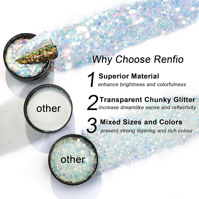Renfio Opal Chunky Glitter, 1.75oz/50g Green Glitter, Dreamy High Sparkle Glitter for Crafts Holographic Fine Glitter Mix Iridescent Glitters Flake for Resin Nails Art Hair DIY Snow - Green Pinery