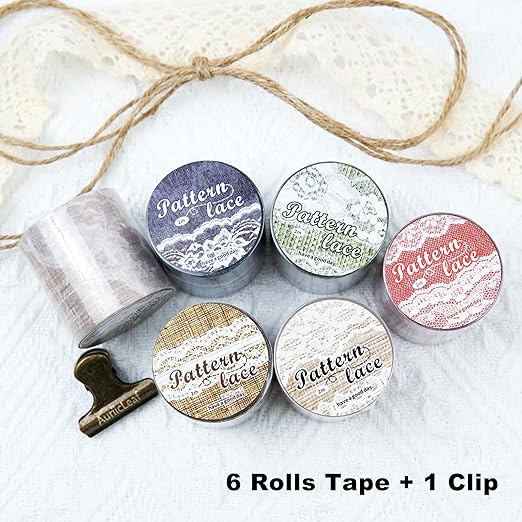Lace Pattern Washi Tape Set, 6 Rolls Japanese Paper Decorative Stickers with 1 Clip, Lace Fabric for Scrapbooking, Journaling, Craft Supplies, 1.57in x 79in