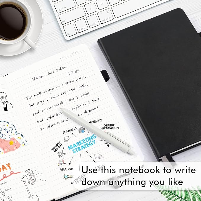 5 Pack Journal Notebook Bulk for School, Feela Hardcover Business Notebooks Classic Ruled Lined Journals with Pen Holder for Work Note Taking, with 5 Black Pens, 120 GSM, 5.1”x8.3”, A5, Black