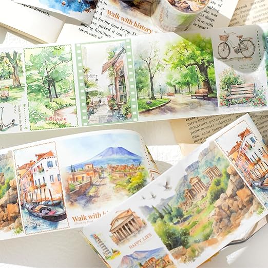 Washi Tape Set,6 Rolls Landscape Tape Stickers for Scrapbooking,Scrapbook Supplies,Junk Journal,Journaling Supplies,Planner,DIY Arts Crafts（Embrace The World）