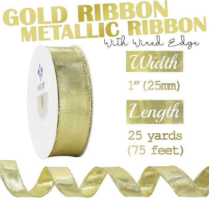 MEEDEE Gold Wired Woven Metallic Ribbon - 1 inch, 25 Yards for Gift Wrapping, Bows, Wreaths, Graduation, Wedding & Party Decorations