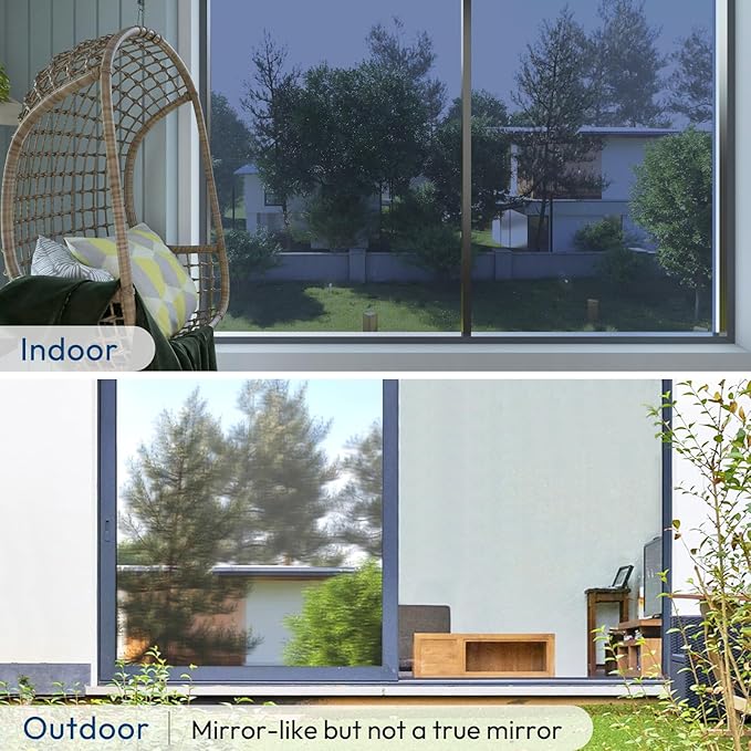 rabbitgoo Window Privacy Film One Way Window Tint for Home, Removable Reflective Heat Sun Blocking Anti UV Glass Door Covering, Mirror Tinting Film House Office, 23.6 in X 6.5 Feet, Blue Silver