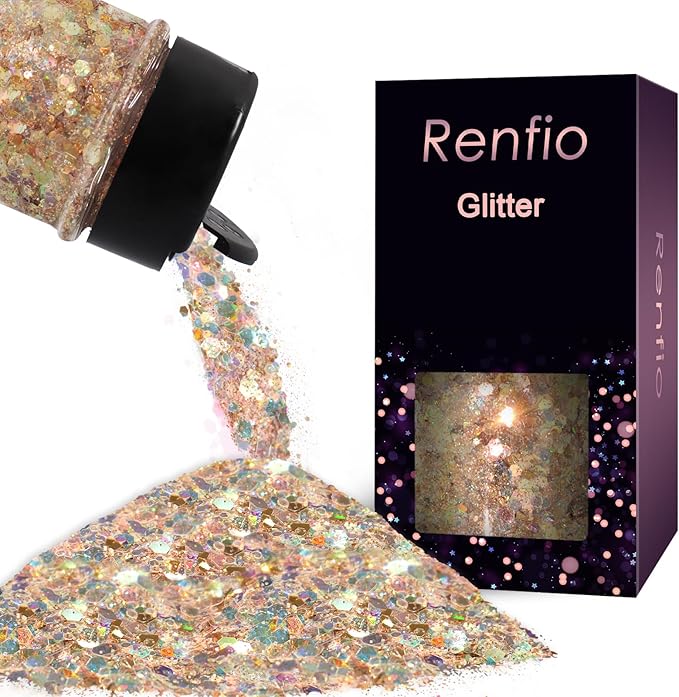 Renfio Opal Chunky Glitter, 1.75oz/50g Gold Glitter, Dreamy High Sparkle Glitter for Crafts Holographic Fine Glitter Mix Iridescent Glitters Flake for Resin Nails Art Hair DIY Snow - Golden Sunshine