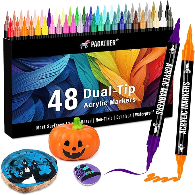 48 Colors Acrylic Paint Markers, Dual Tip with Fine Tip and Brush Tip Pens for Stone, Wood, Calligraphy, Canvas, Ceramic, Metal, Glass, Rock Painting, DIY Crafts