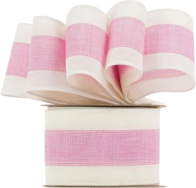 MEEDEE Pink White Stripe Wired Burlap Ribbon with Ivory Stripes Edge - 2.5 Inch, Light Pink (10 Yards) for Wreaths, Garland, Lantern, Mailbox Topper Bow