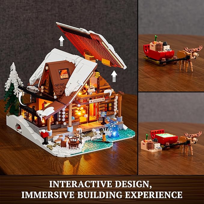 Aurora-Cabin Christmas Lighting-Building-Bricks Set - 2425 Pcs Retro House Winter Lodge LED Light Construction Building Christmas Village Model Set for Adults and Families