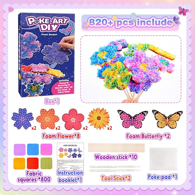 Arts and Crafts for Girls Ages 4-12, Poke Art Flower Bouquet with 8 Flowers & 2 Butterflies DIY Creative Activity Mess-Free Fun for Kid Party Favors Birthday Christmas Gifts for 4-12 Year Old Girls