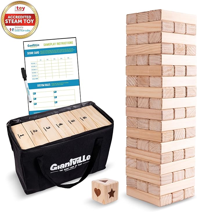Giantville Giant Tumbling Timber Toy - Premium Pine Wood Life-Size Blocks Tower - Big Floor/Board Indoor/Outdoor Yard Game for Kids & Adults - 54-Pieces + Dice + Carry Bag - Grows to Almost 4-Feet