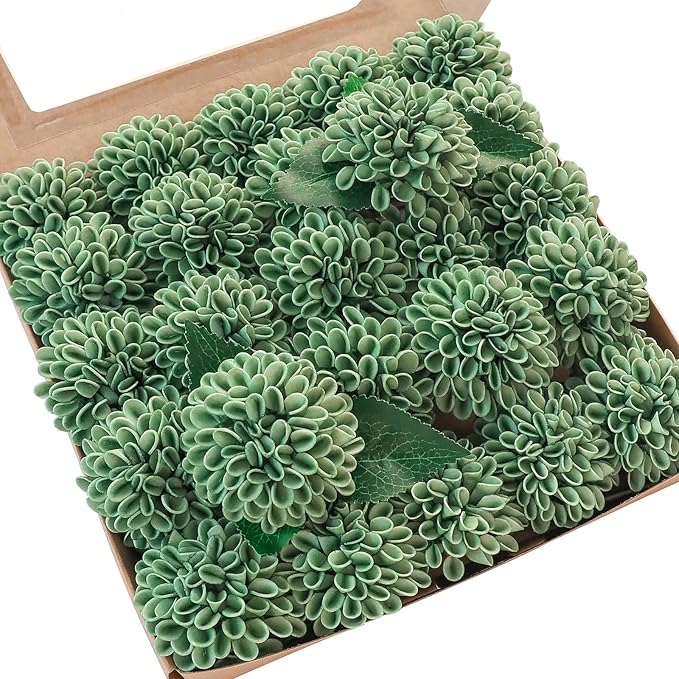 Floroom Artificial Dahlia Flowers 25pcs Real Looking Elf Green Foam Fake Roses with Stems for DIY Wedding Bouquets Bridal Shower Centerpieces Floral Arrangements Party Tables Home Decoration