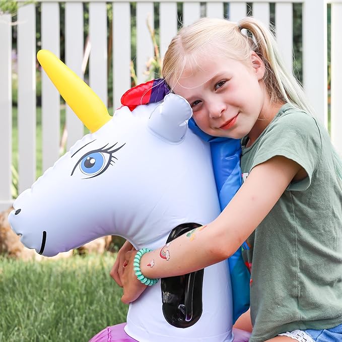 Hearthsong Hop N Go Inflatable Unicorn Riding Bouncy Hopping Toys for Kids Ages 5+ - Ride On Bouncer Animal Hopper Jumping Toys for Outdoor Games