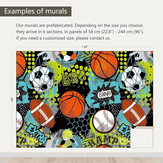 AFZEVEB-Colorful Graffiti Wallpaper Hand-Painted Ball Wall murals for Kids Room 136"x96"(Not Peel and Stick)