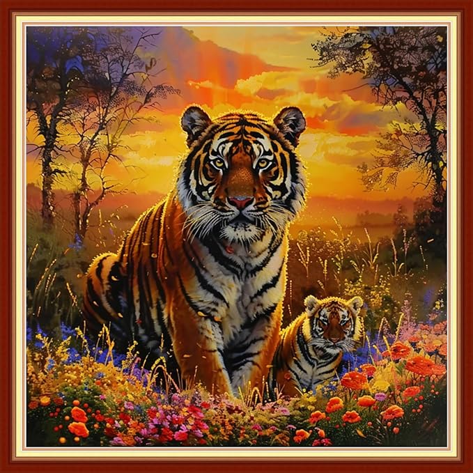 Joyhoor Cross Stitch Kits for Beginners Stamped Cross-Stitch Supplies Needlework preprint Embroidery Kits for Adults DIY Needlepoint Kits Embroidery Patterns 11CT-Tiger Scenery 18x18 inchs