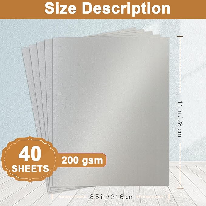 40 Sheets Silver Shimmer Cardstock 8.5 x 11 Metallic Paper, 75lb Thick Card Stock Cutting Paper for Greeting Cards, Card Making, Business Cards, Invitations, Scrapbooking